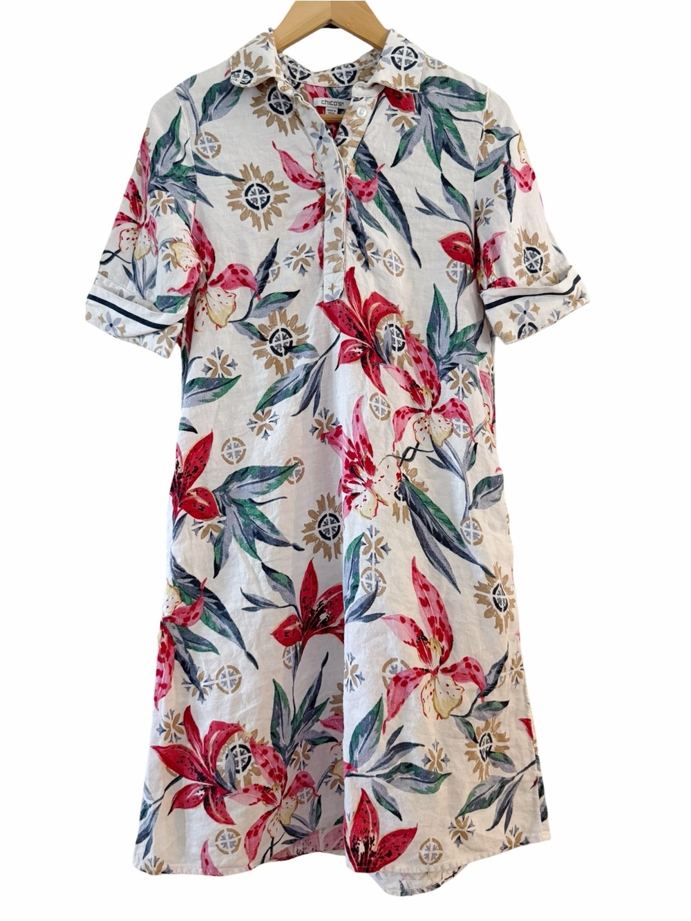 Chico’s Linen Floral Popover Shirt Dress White Floral Short Sleeve Size 00 / 2